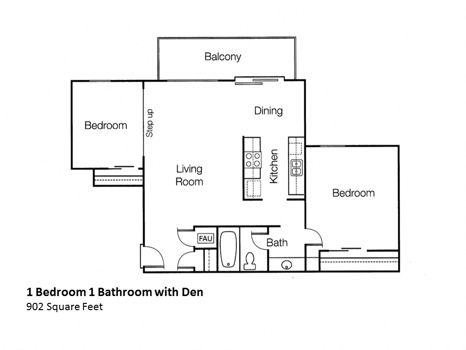 Floor plan for 1 bed, 1 bath, 902 sqft
